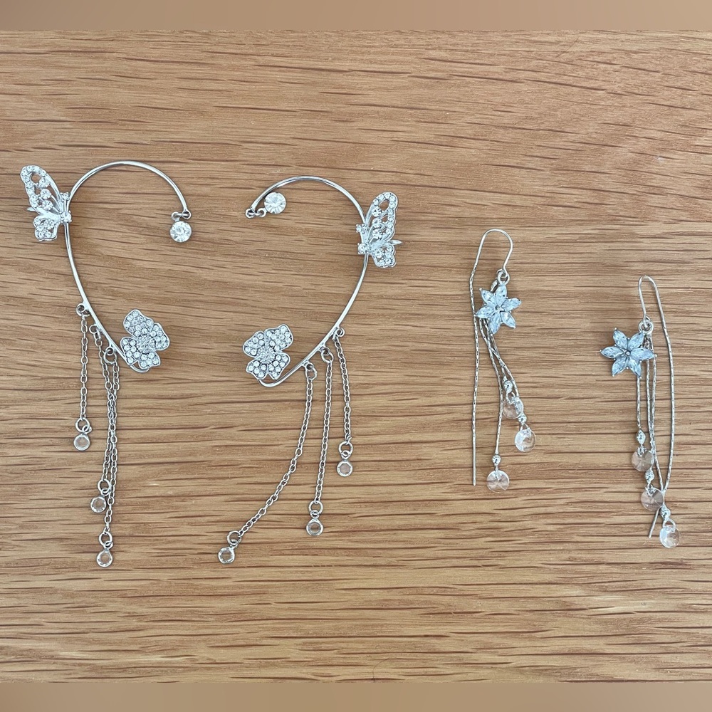 Set of 2 dangling tassel earrings ear wraps silver rhinestones flower butterfly